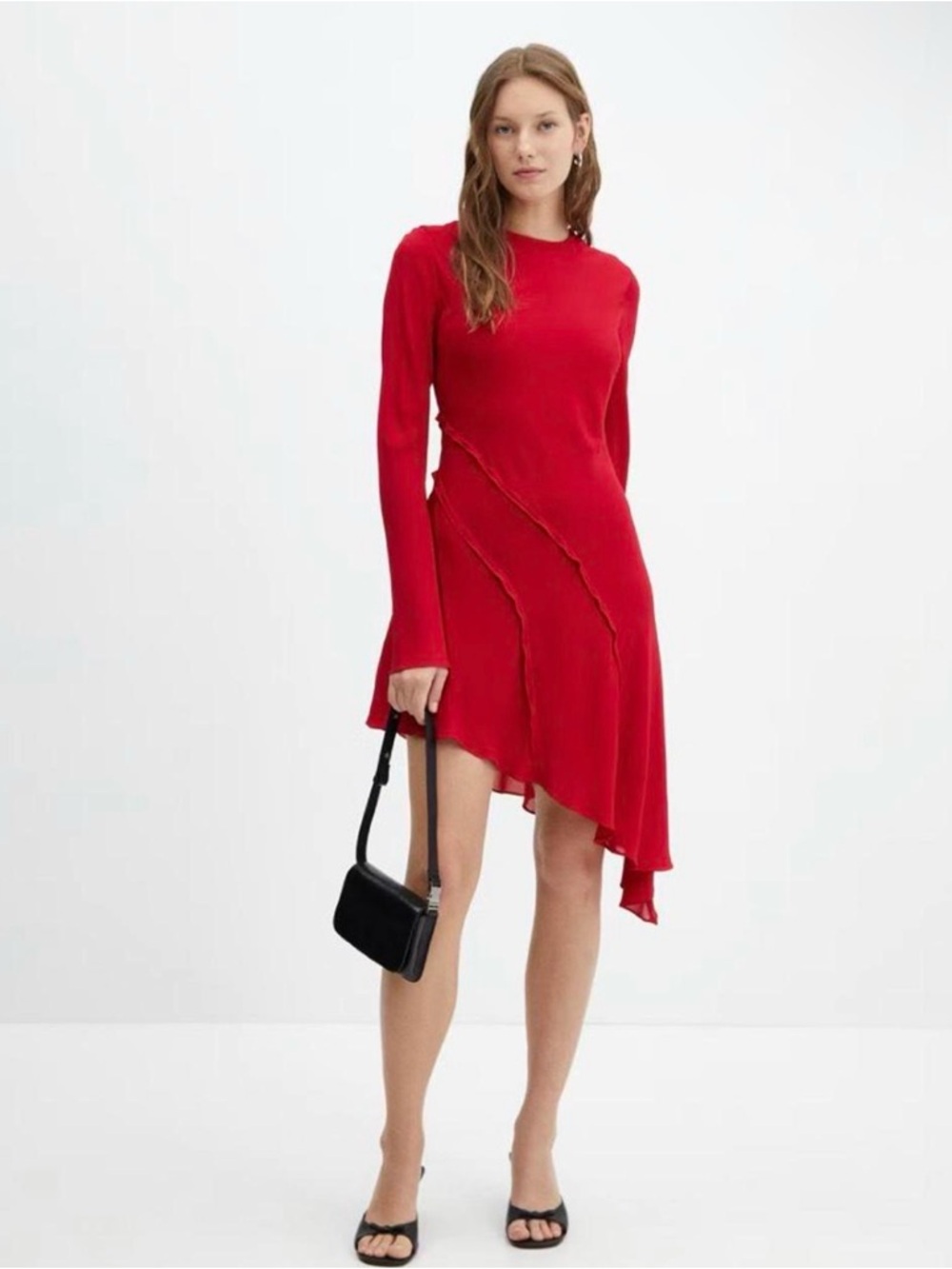 Mango Red Asymmetric Long-Sleeve Knit Dress